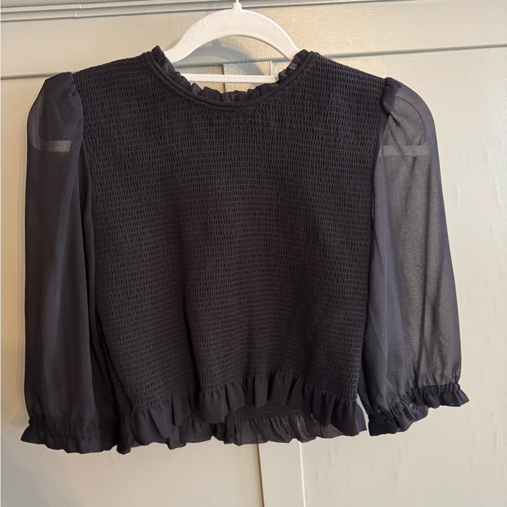 Wilfred Black Smocked Blouse with Sheer Puff Sleeves - Women’s Size S